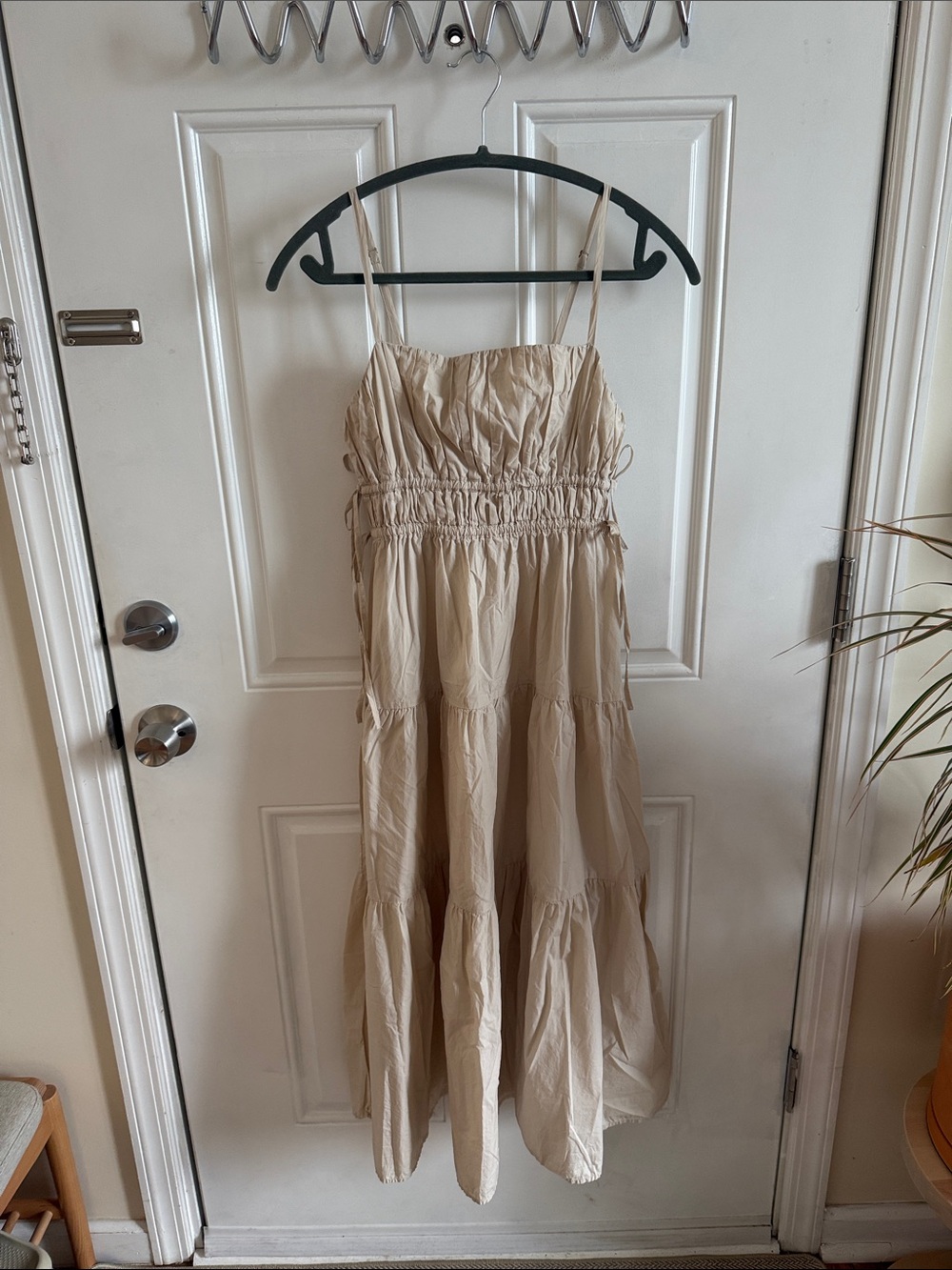 Beige Tiered Spaghetti-Strap Midi Dress